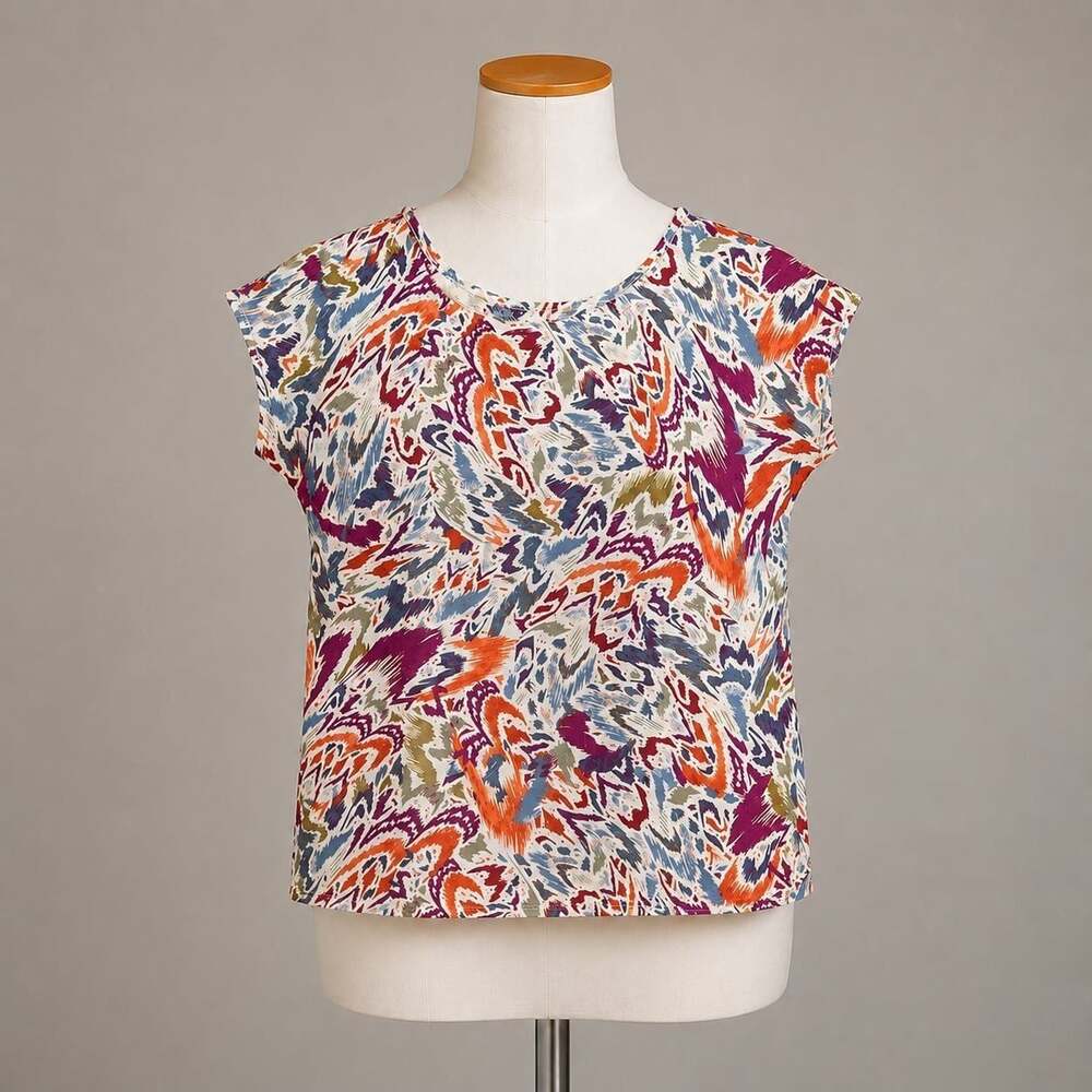 Nicole Miller New York 100% Linen Abstract Print Top XL Multicolor Cap Sleeve